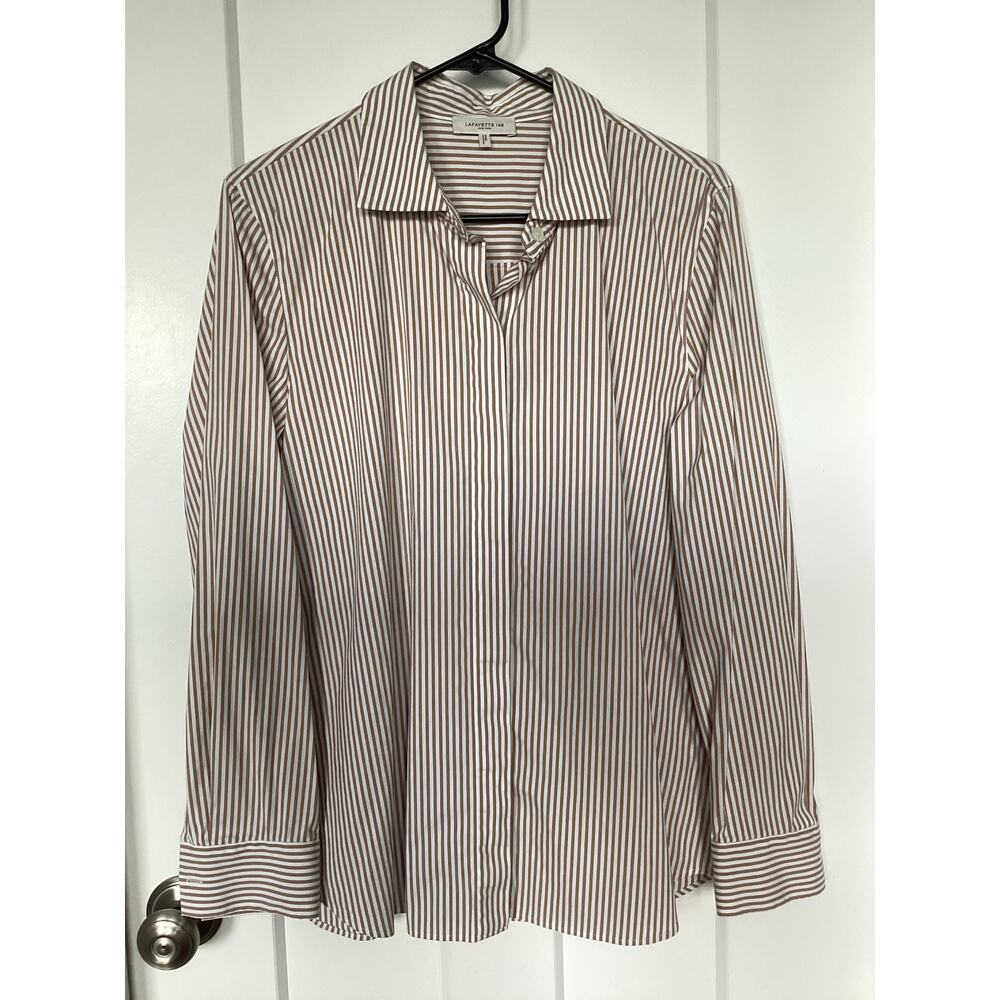 Lafayette 148 Tan White Striped Button Up Blouse Women's Large